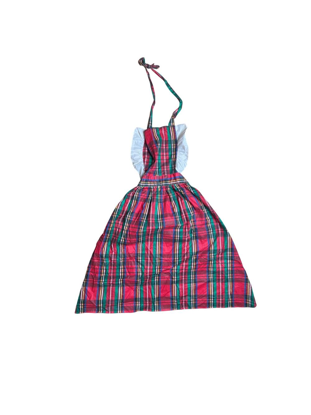 Vintage Full Apron Red Green Plaid 1980s Made In USA Christmas Tie Back Neck
